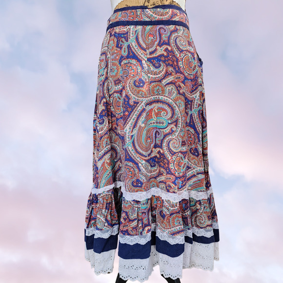 Vtg Handmade Ruffle Paisley Colorful Frill Whimsi Pocket Lace Button Up Skirt - Picture 5 of 8